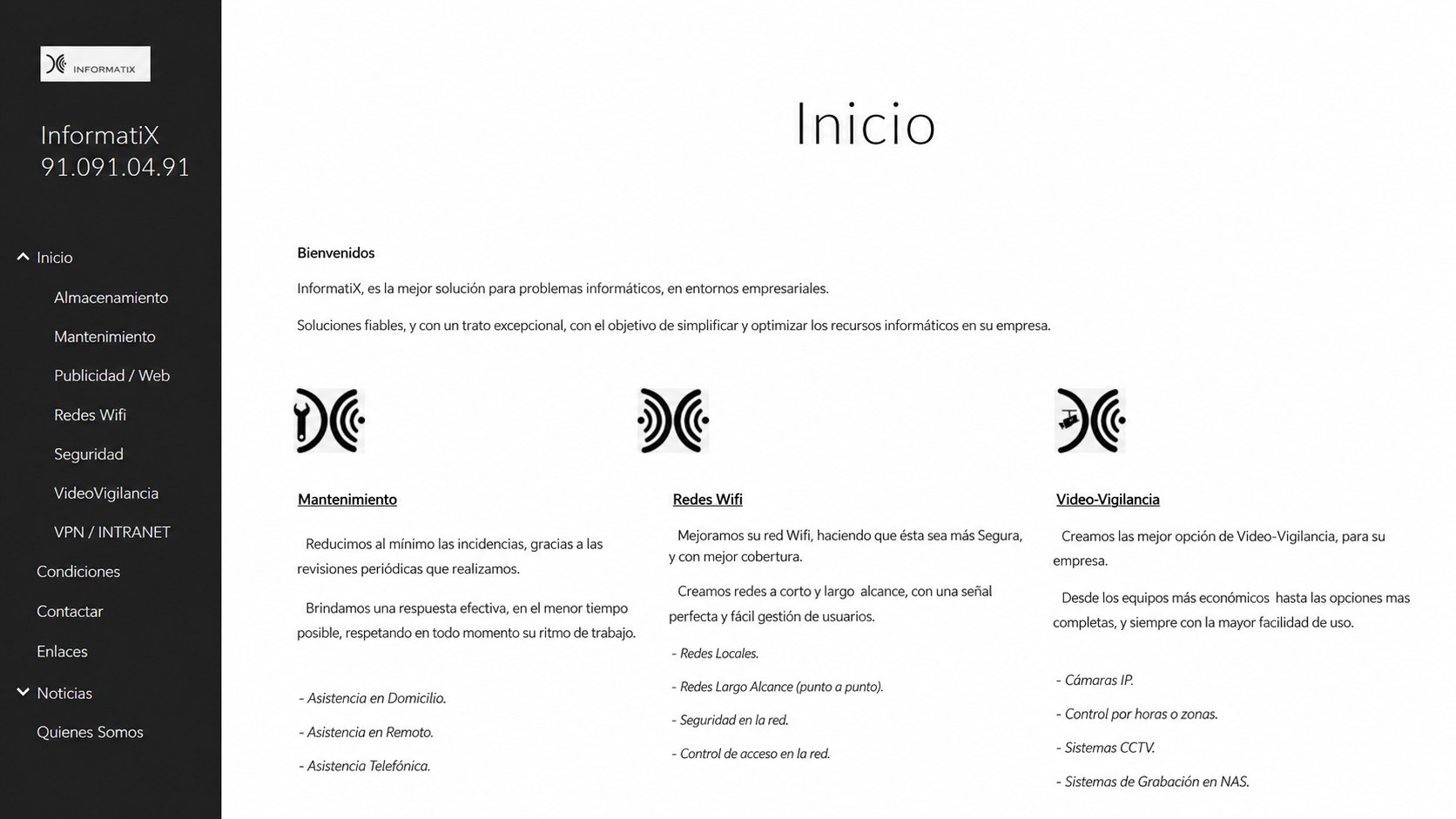 Captura de la primera web de Informatix en Google Sites en 2011, con sus servicios de mantenimiento, redes wifi y videovigilancia